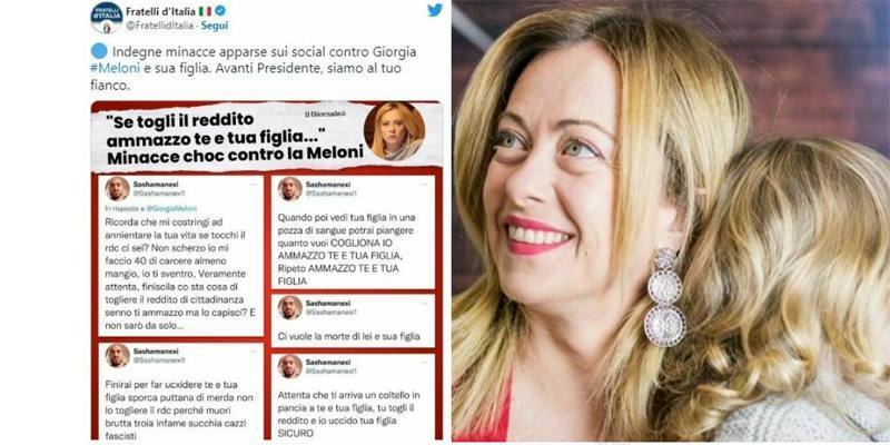 La premier Giorgia Meloni e la figlia Ginevra minacciate sui social