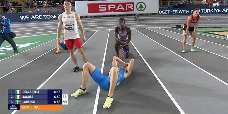 Samuele Ceccarelli ha vinto la medaglia d’oro nei 60 metri agli Europei indoor di atletica. Marcell Jacobs è arrivato secondo