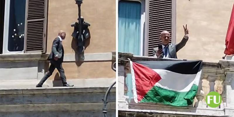 Il video dell'ex deputato che sale sul cornicione di Montecitorio e appende una bandiera della Palestina